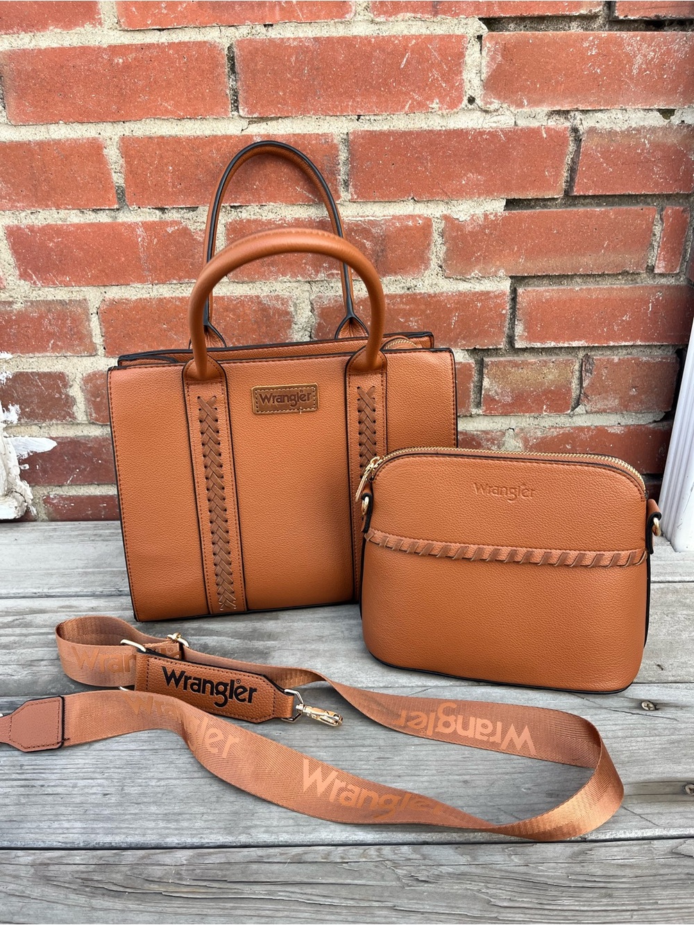 Wrangler Cognac Brown Satchel and Crossbody Set